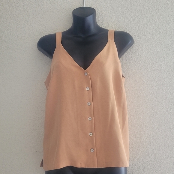 Code Mode Tops - Code Mode (S).Tan Sleevless Button Down with Side Slits
